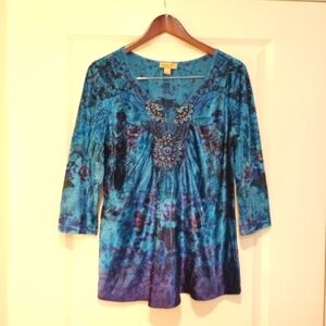 One World Velvet Tunic Top Blouse 3/4 Sleeve Blue Turquoise Medium M Boho Sequin